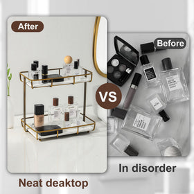 Dobbyby stainless steel frame with gold finish, durable bath organizer.