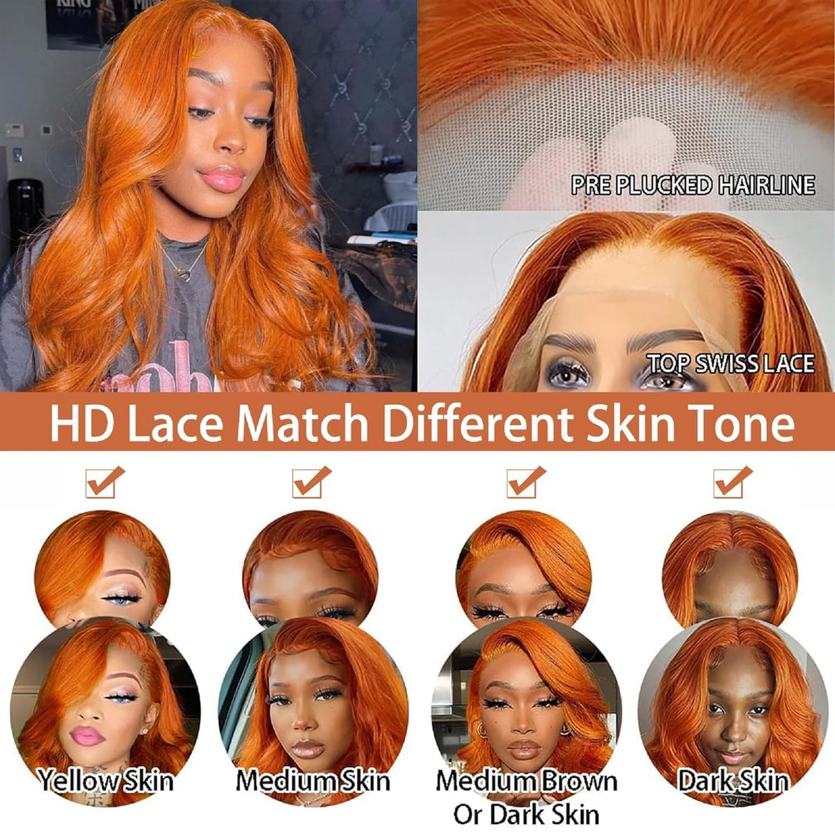 Dochuman Ginger Wig glueless cap for quick, secure wear