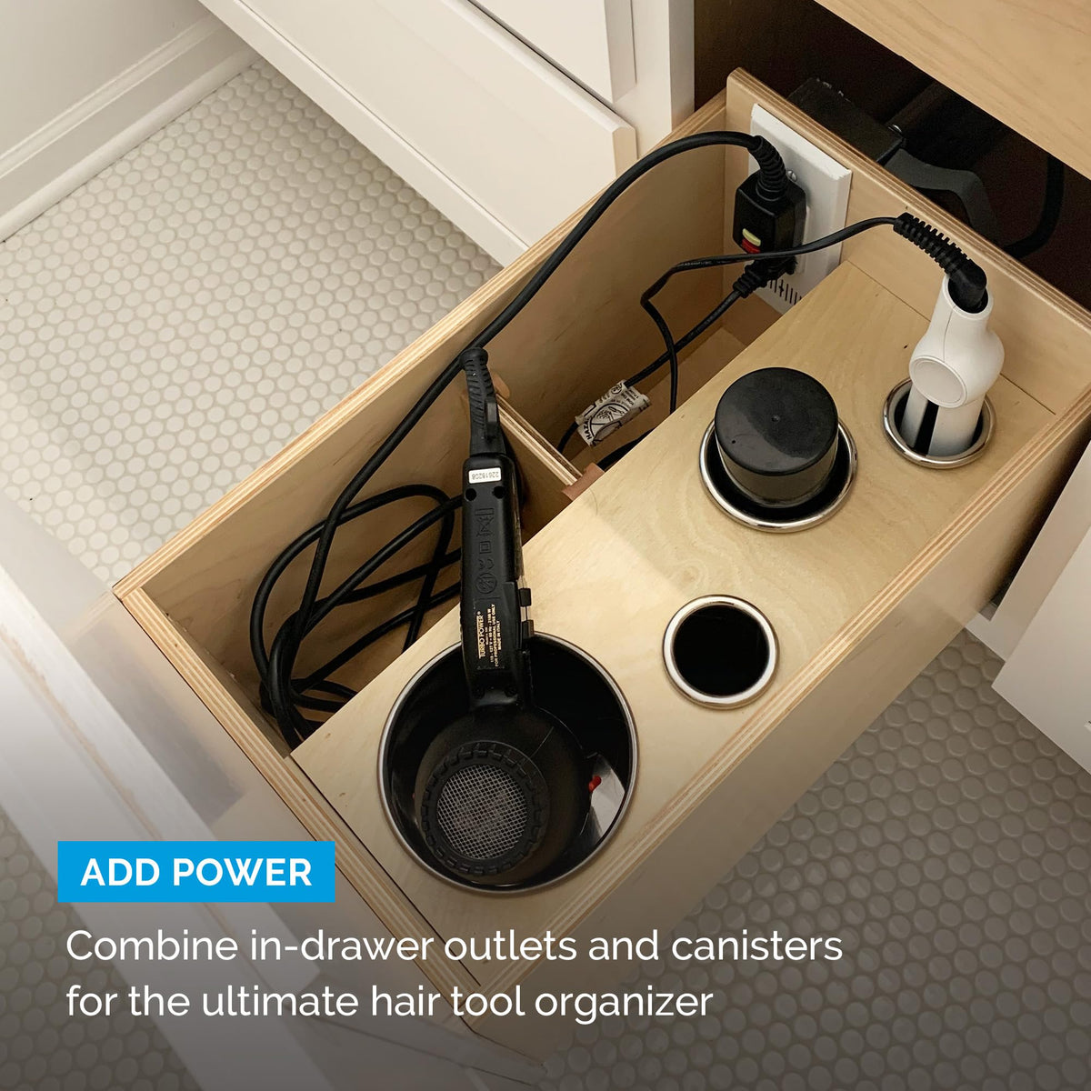 Docking Drawer keeps vanity organized by stowing hot tools inside the drawer.