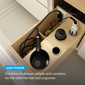 Docking Drawer keeps vanity organized by stowing hot tools inside the drawer.
