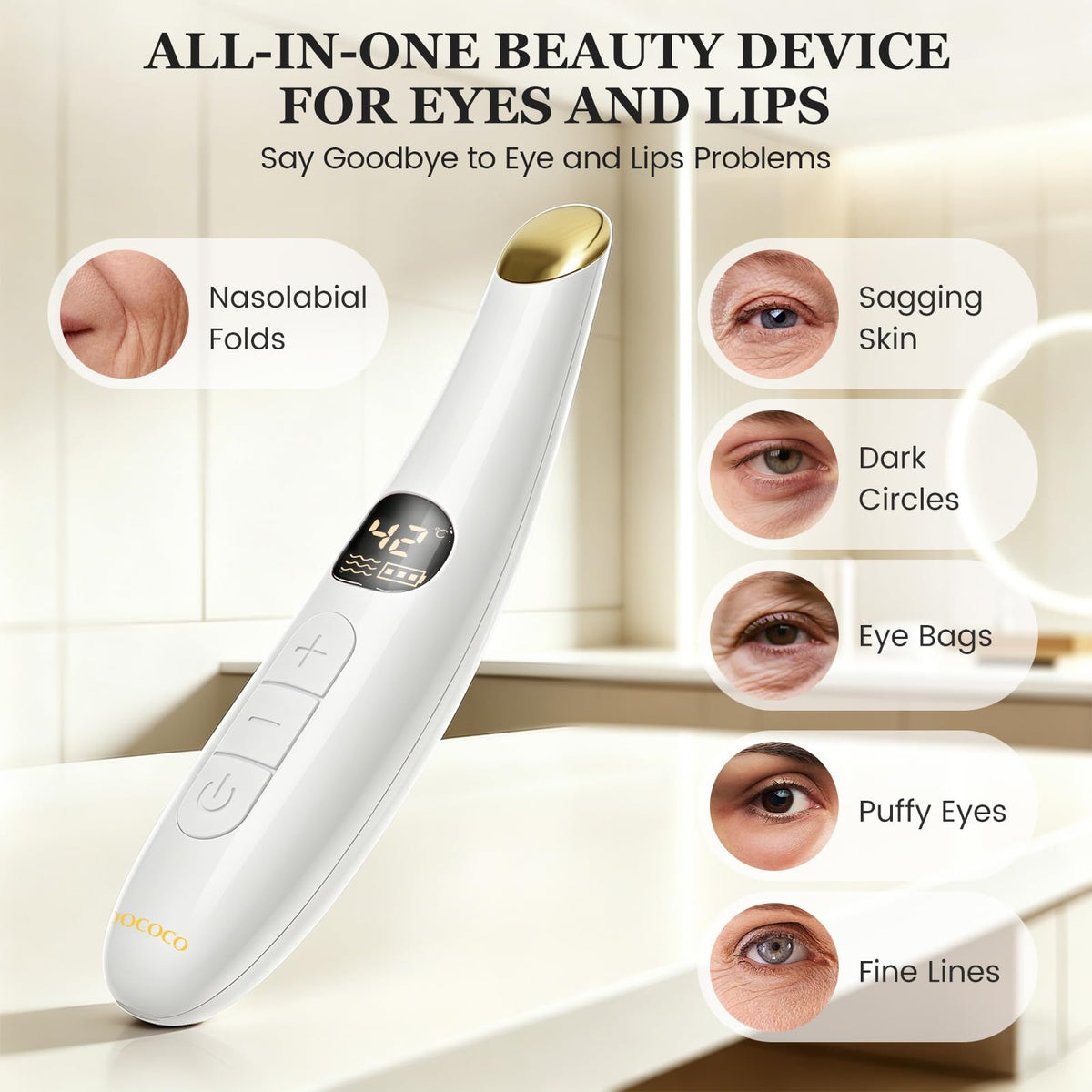 Dococo Eye Heat Wand shows temperature control for soothing warmth and relaxed eyes.