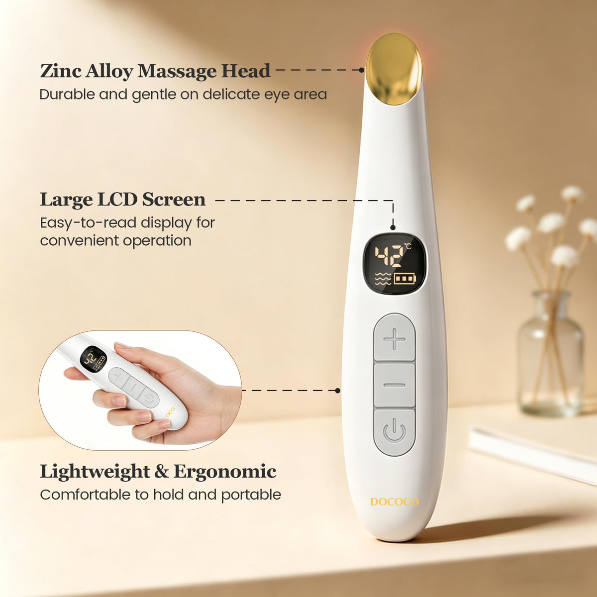 Dococo wand designed for fine lines around eyes with ergonomic head for deeper massage.