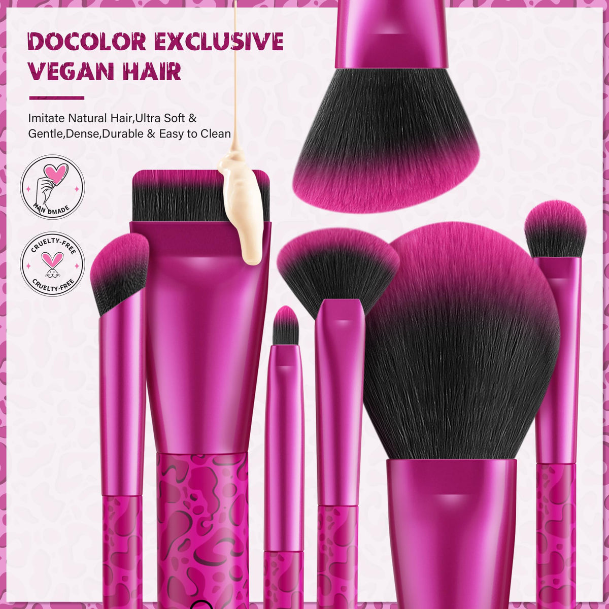 docolor Pink Leopard face brushes deliver smooth, even base application.