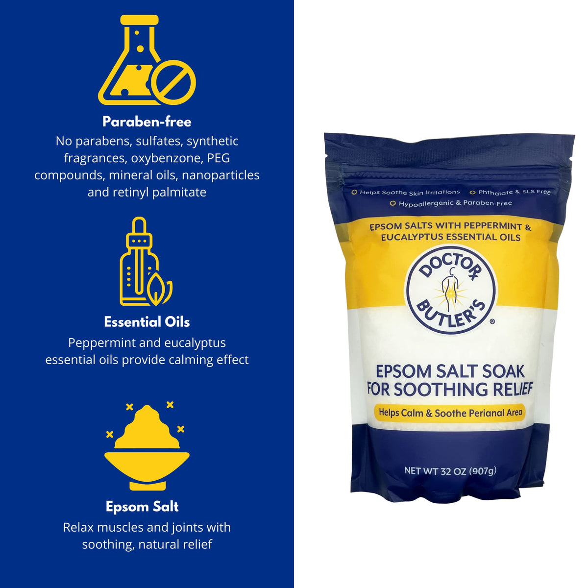 Doctor Butler’s Epsom Salt Soak with essential oils for skin comfort after hemorrhoid flare