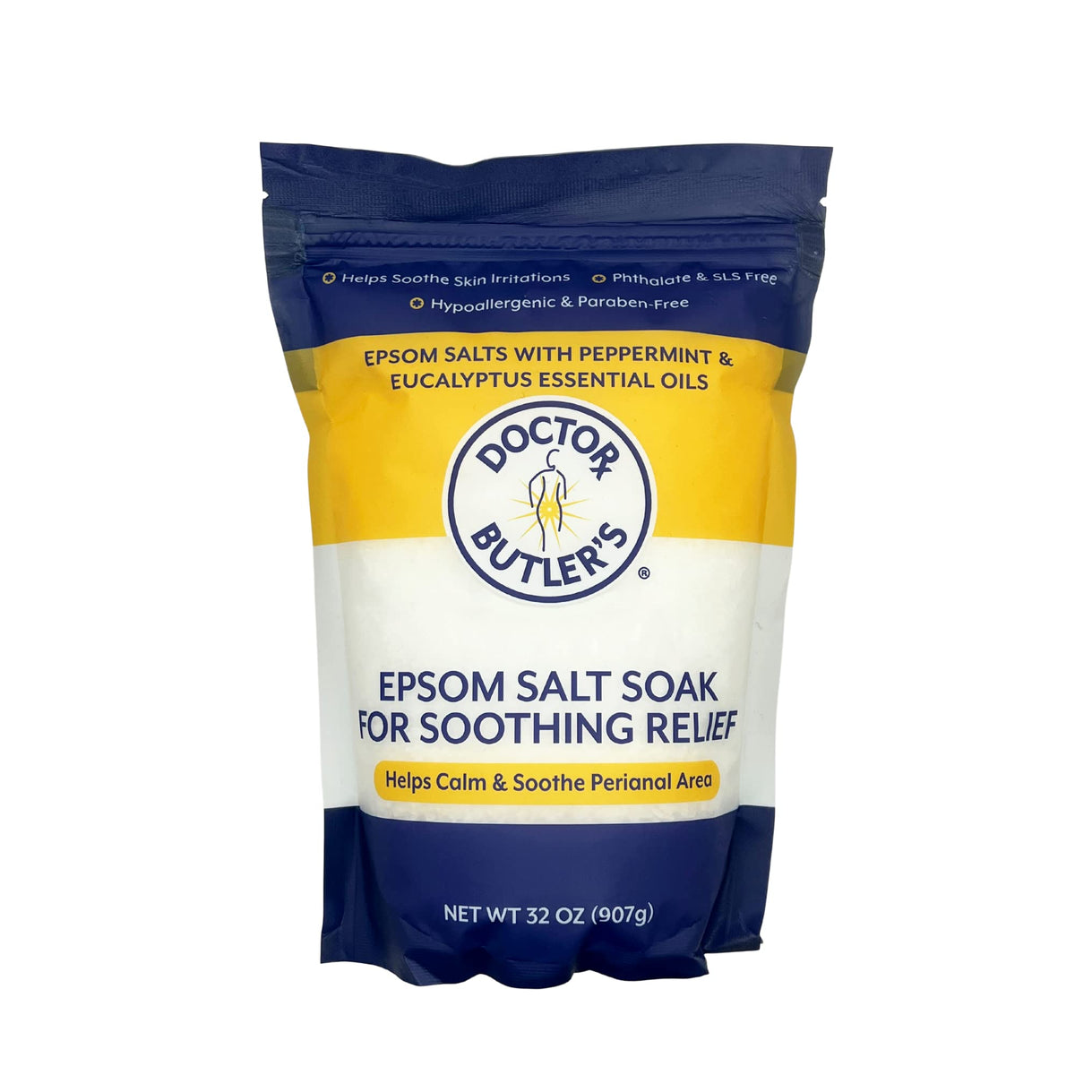 Doctor Butler’s Epsom Salt Soak bottle shown for a soothing sitz bath routine