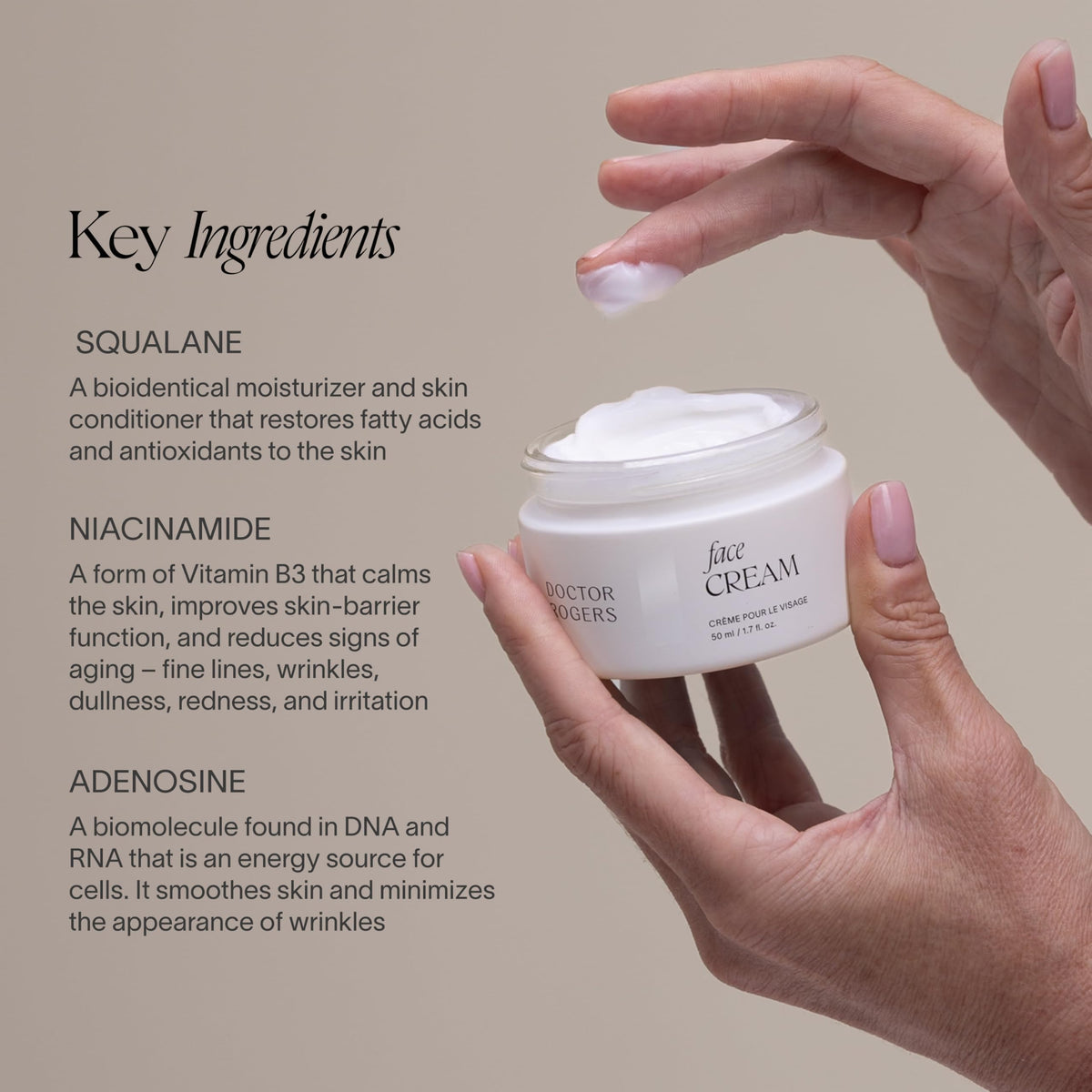 Close-up of Doctor Rogers Face Cream texture for easy absorption