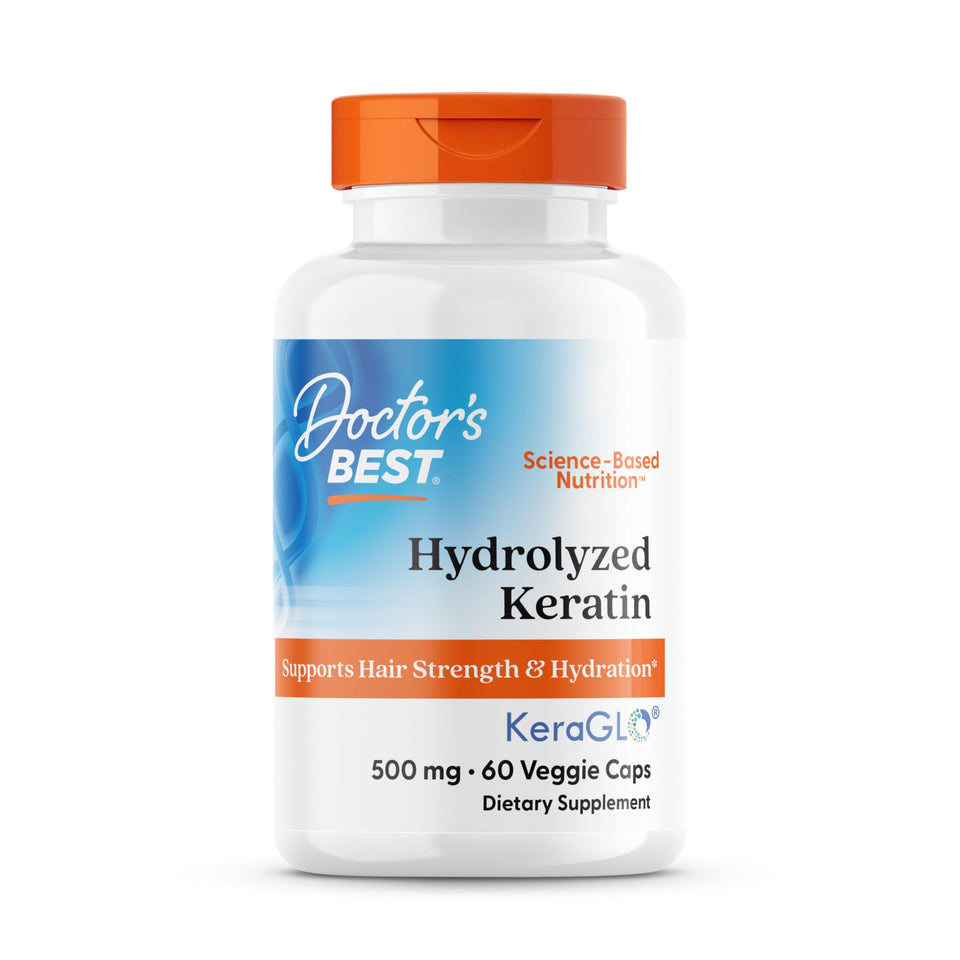 Doctors Best Hydrolyzed Keratin bottle pour: supports daily hair vitality.