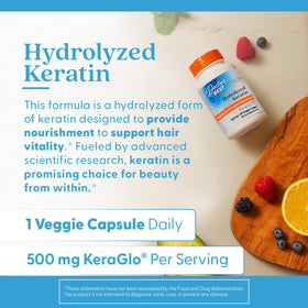 Doctors Best Hydrolyzed Keratin capsules closeup: convenient daily supplement for hair and nail wellness.