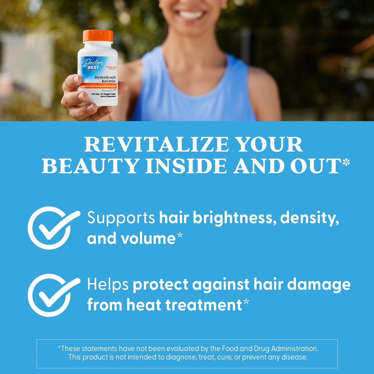 Doctors Best Keratin hair health closeup: may support brightness, density, and volume.