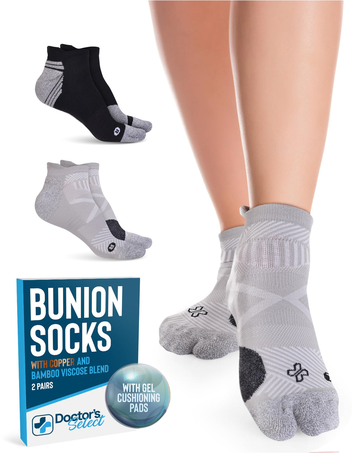 Doctor's Select bunion socks box view highlighting copper-bamboo infusion for all-day comfort.