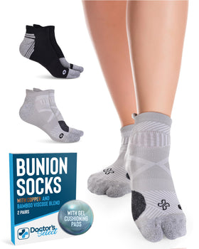 Doctor's Select bunion socks box view highlighting copper-bamboo infusion for all-day comfort.