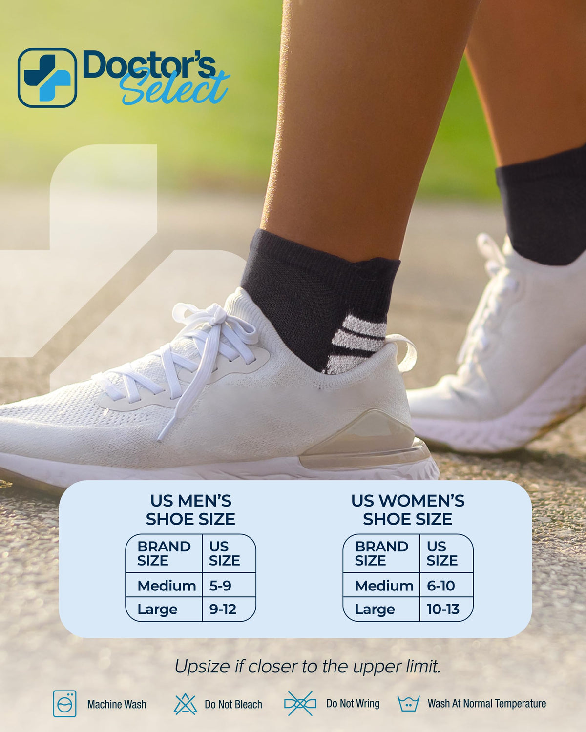 Doctor's Select bunion socks size chart helps choose the right fit.
