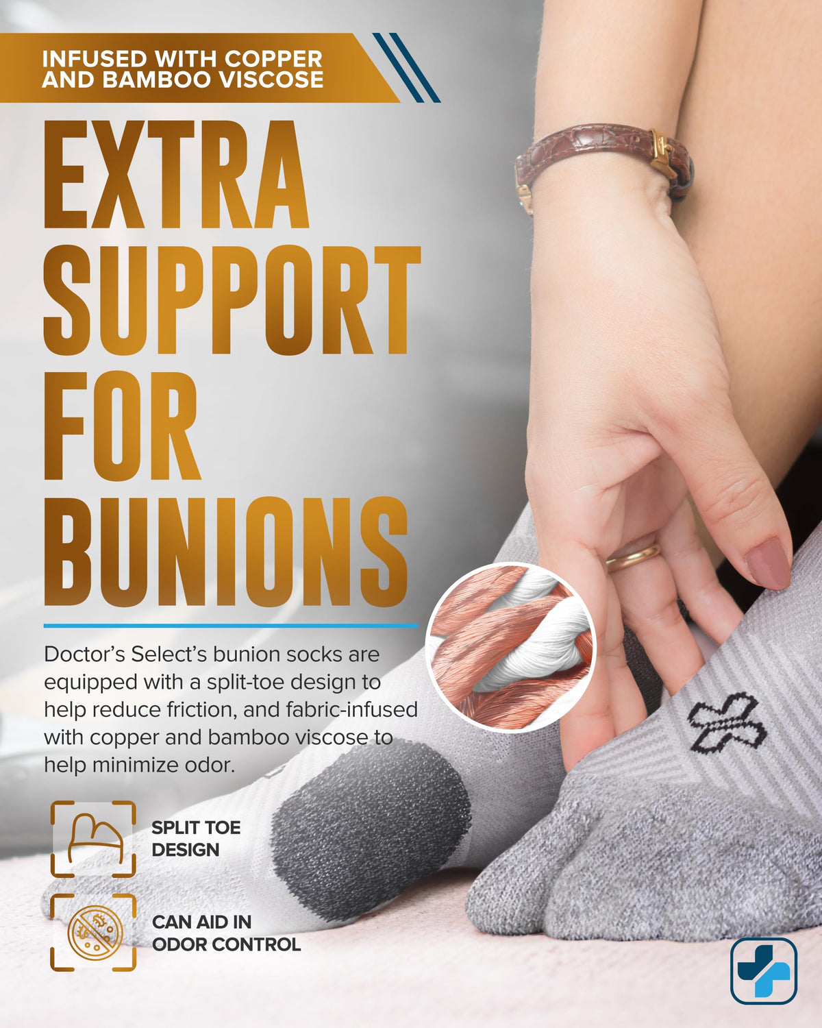 Doctor's Select bunion socks toe separator close-up improving toe alignment.