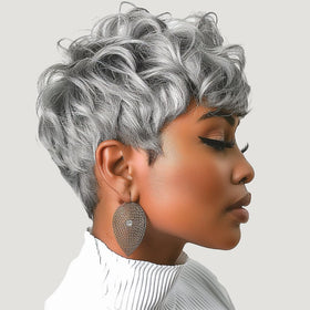 DOcute gray pixie wig with bangs for chic, low-maintenance daily style.