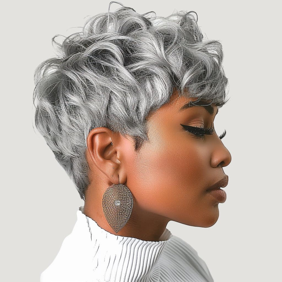 DOcute gray pixie wig with bangs for chic, low-maintenance daily style.