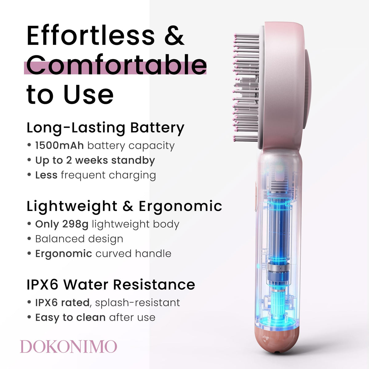 DOKONIMO cordless rechargeable device for wireless scalp care anywhere.