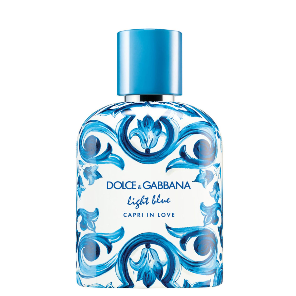 Dolce & Gabbana New Light Blue Capri in Love bottle front with Mediterranean vibe.