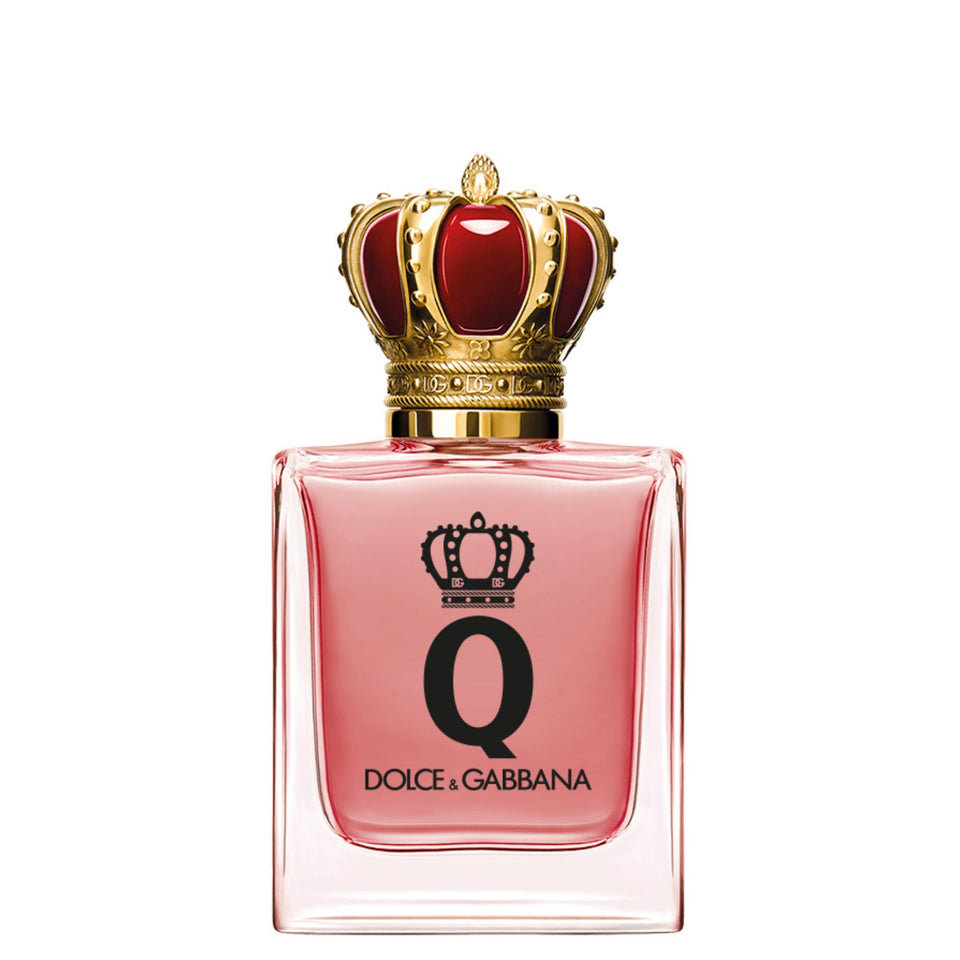 Dolce&Gabbana Q Intense bottle close-up, amber-woody profile suggested.