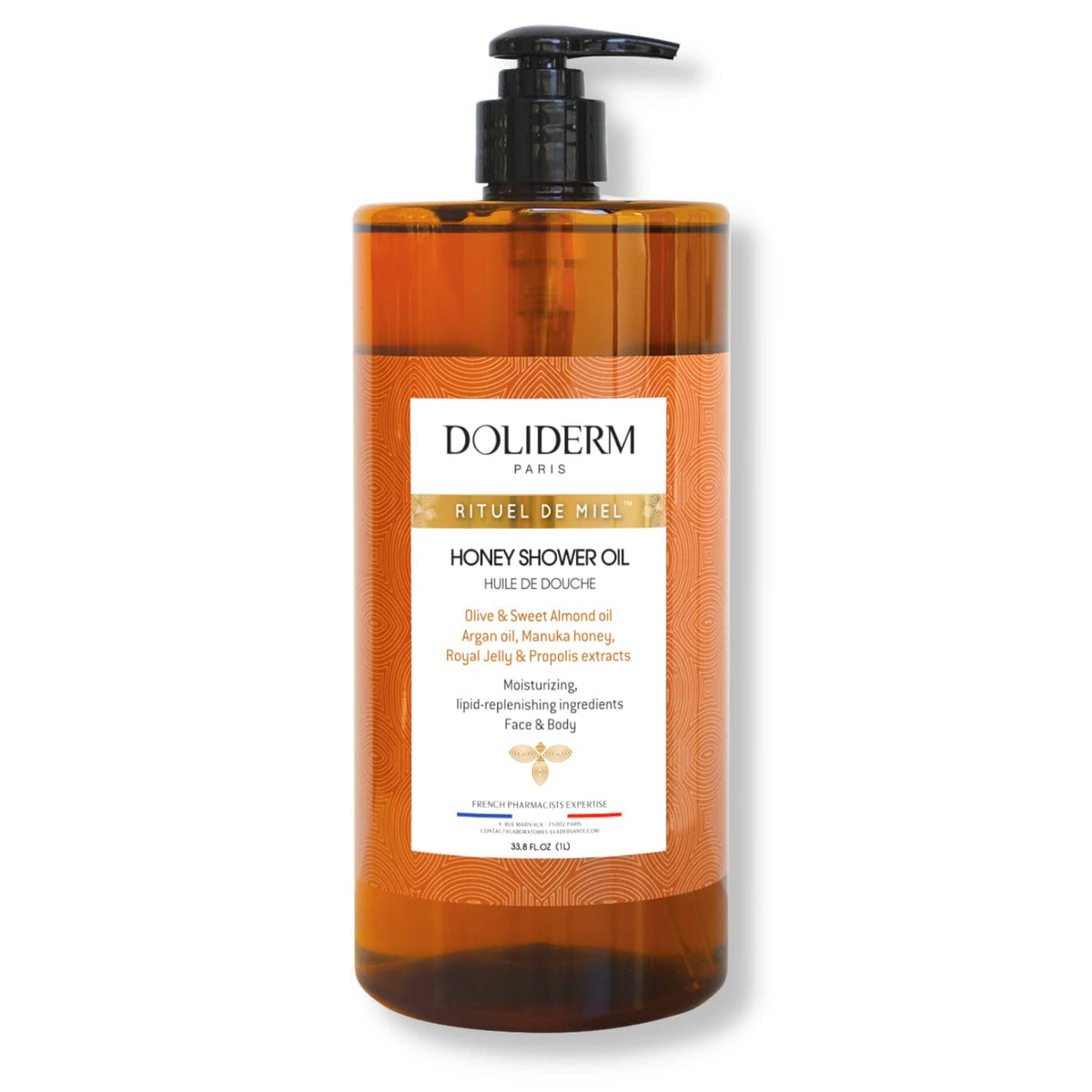 Doliderm Paris Honey Shower Oil bottle with hydrating formula for radiant skin
