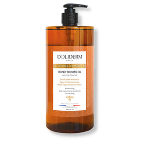 Doliderm Paris Honey Shower Oil bottle with hydrating formula for radiant skin
