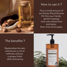 Doliderm Paris Honey Shower Oil honey fragrance close-up suggests a comforting scent