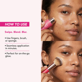 DOLL 10 NO peptide blur stick closeup texture shows even, skin-like finish.