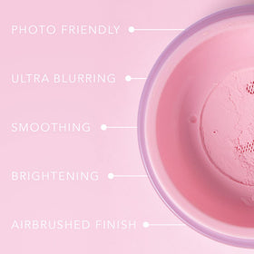 DOLL 10 NO Pink Power Brightening Powder ingredients visual with Vitamin C and Hyaluronic Acid.