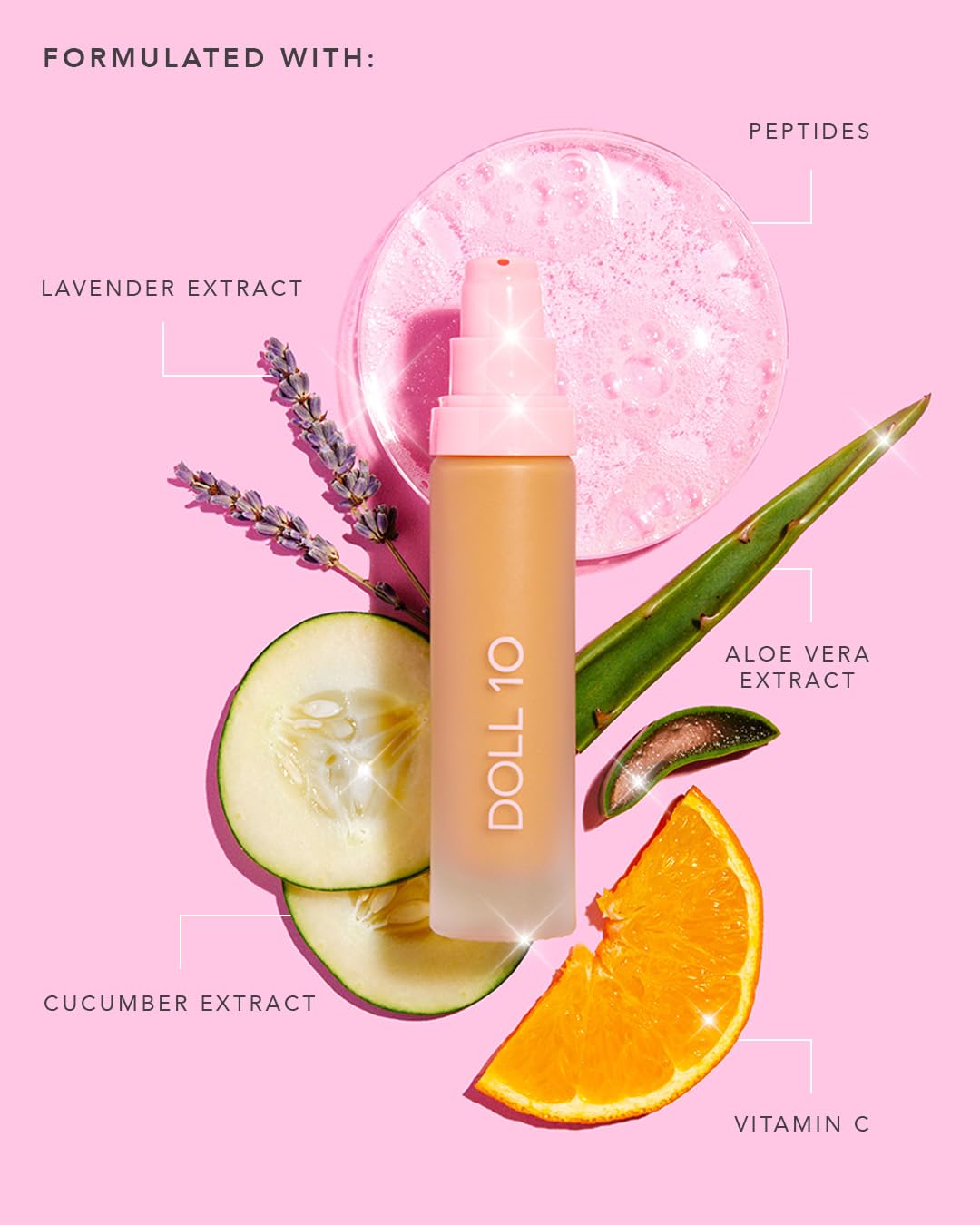 Doll 10 NO T.C.E peptides and vitamins close-up highlights the hydrating blend.