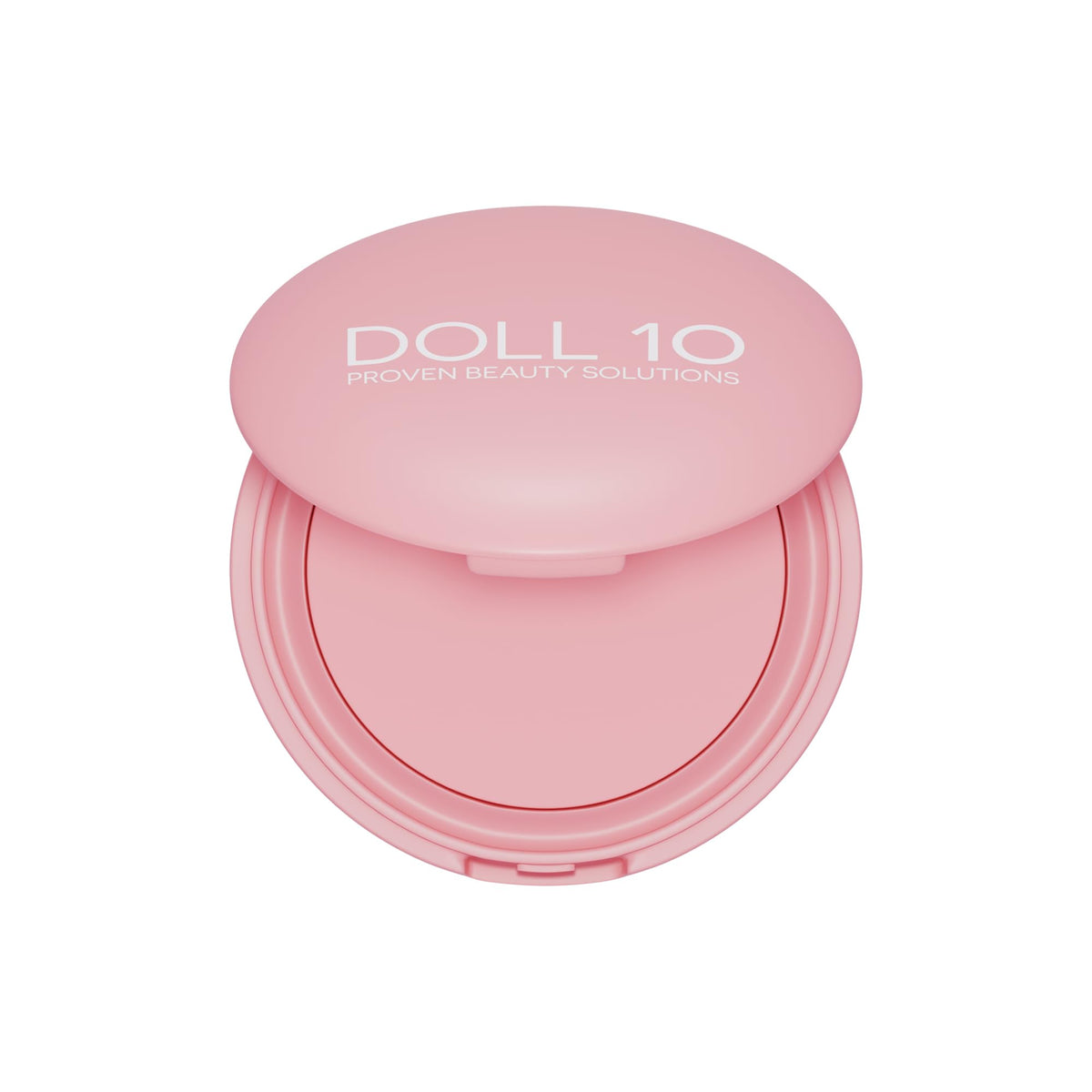 Doll 10 Pink Power Pressed Powder compact close-up showing brightening, soft-focus finish