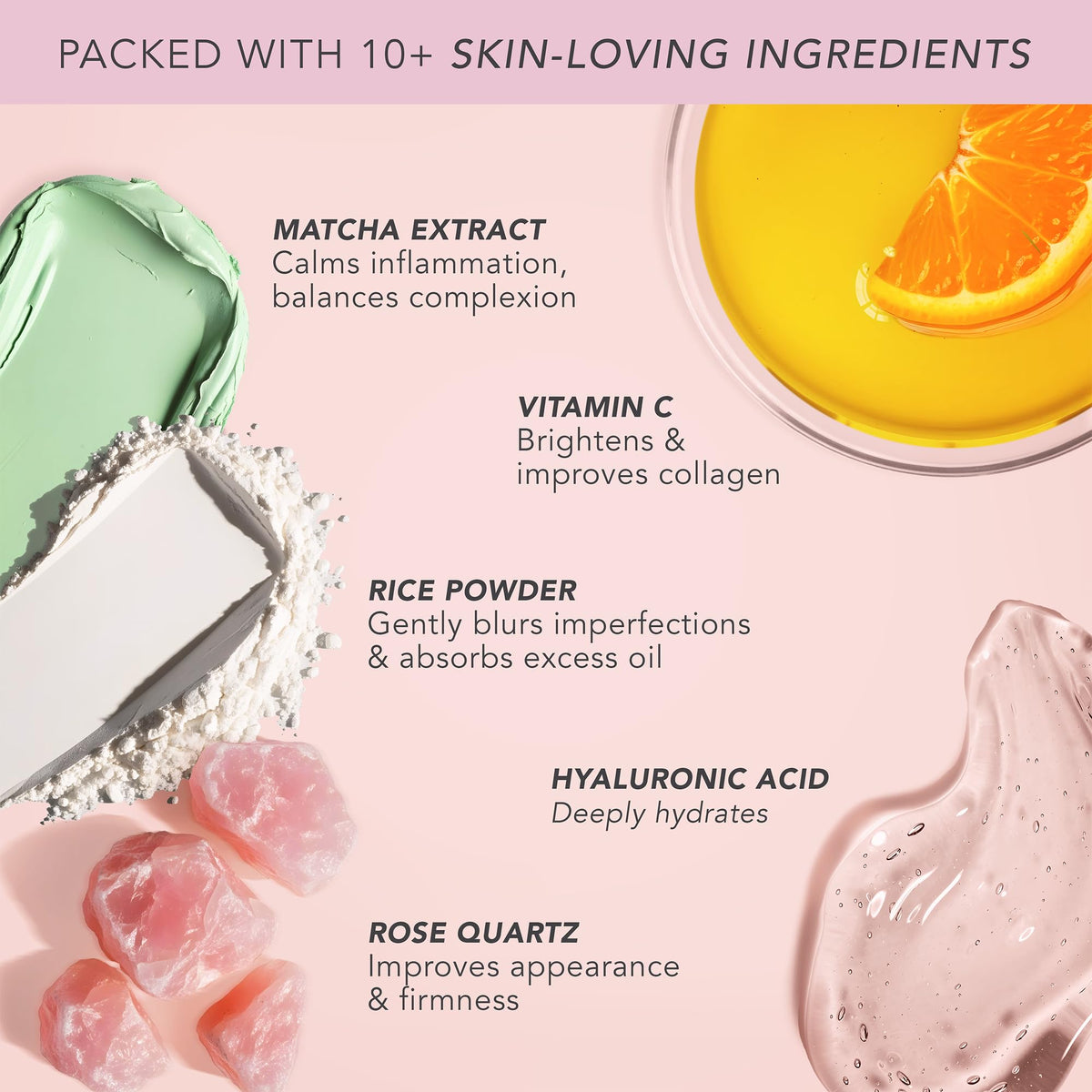 Rose quartz and vitamin blend in Doll 10 powder promoting hydration and radiance