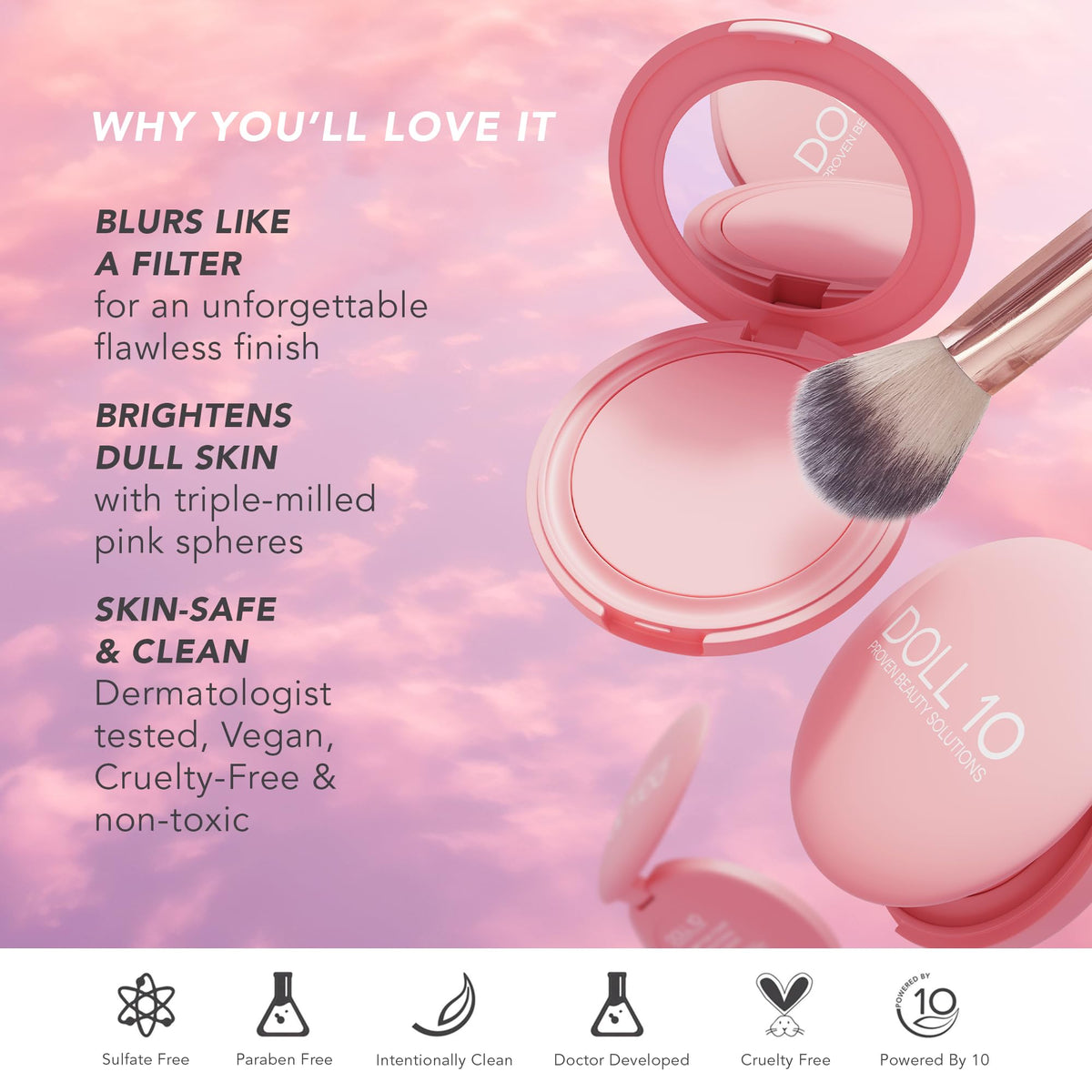 Doll 10 Pink Power Pressed Powder on skin shows blurring and even tone