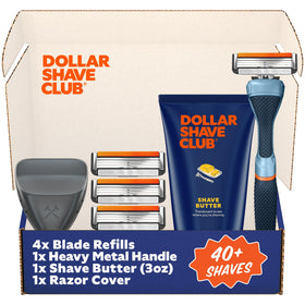 Dollar Shave Club shave set with blue handle and four refills for an easy shave