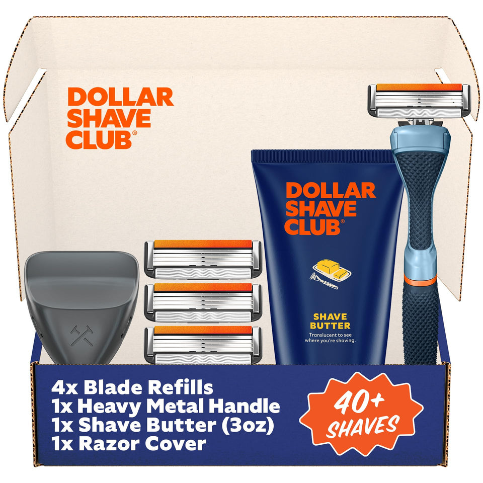 Dollar Shave Club shave set with blue handle and four refills for an easy shave