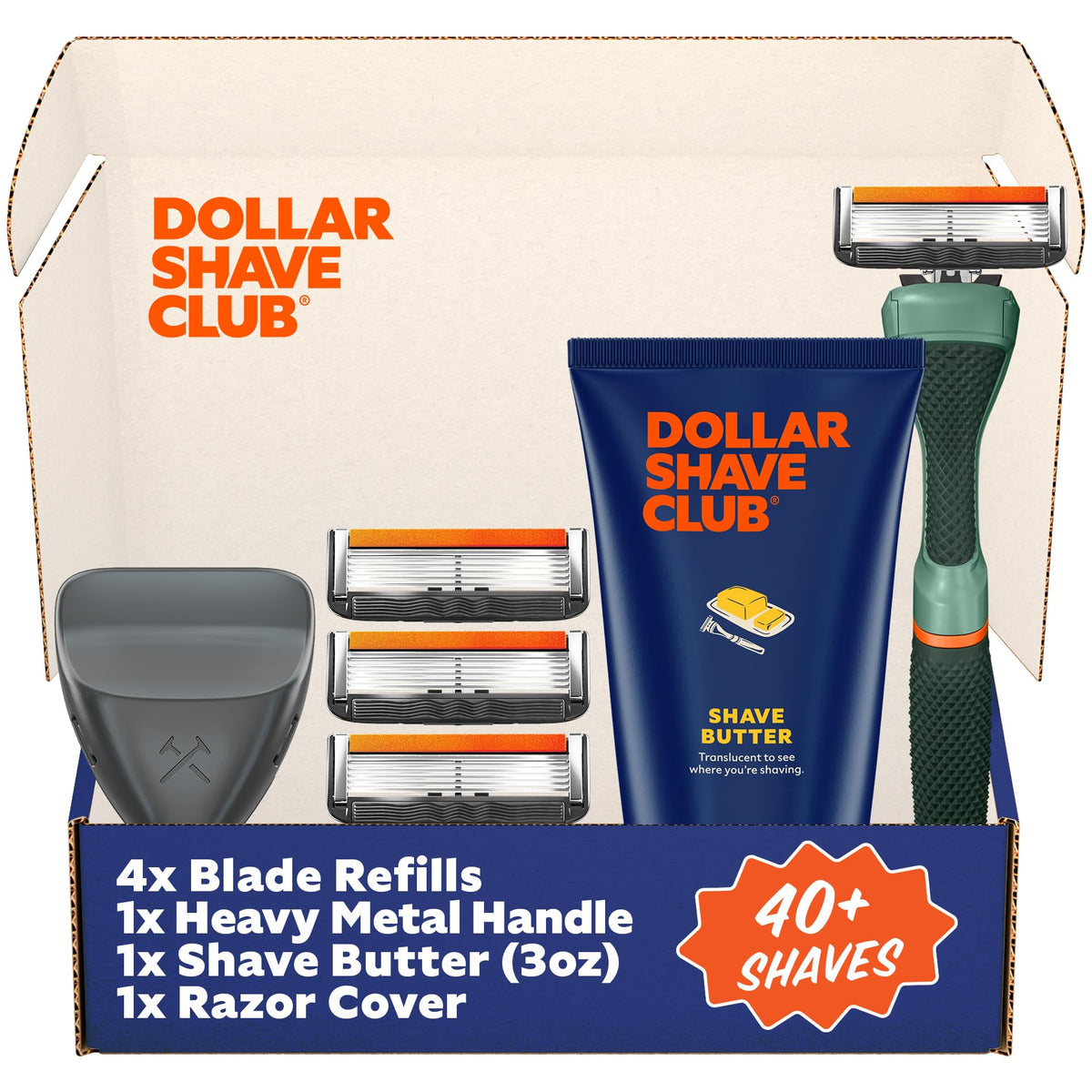 Dollar Shave Club member-exclusive shave set box showing full grooming kit for daily use.