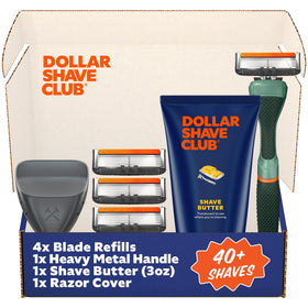 Dollar Shave Club member-exclusive shave set box showing full grooming kit for daily use.