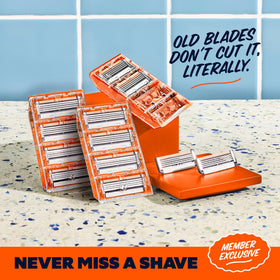 Dollar Shave Club shaving set on bathroom counter for daily routine
