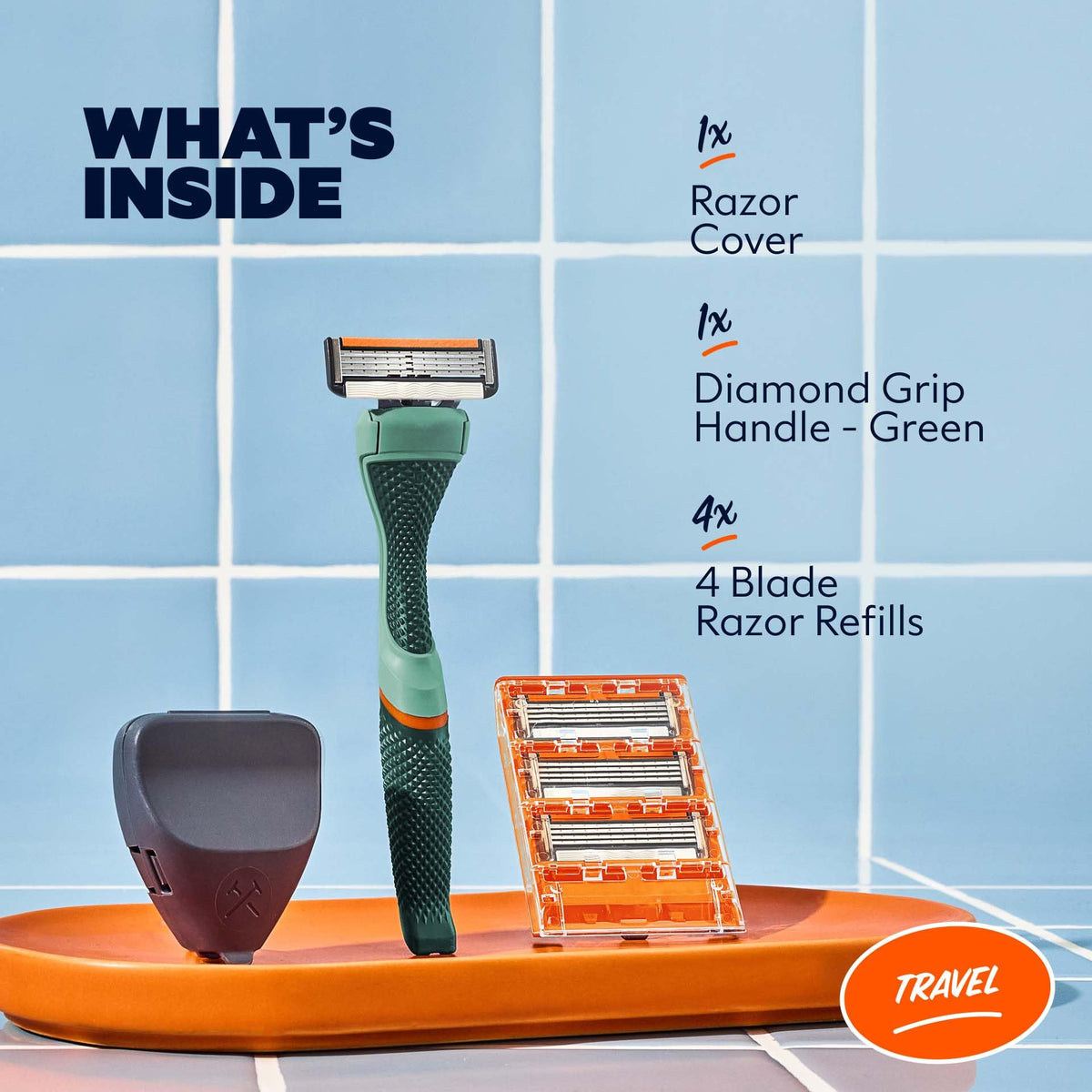 Dollar Shave Club travel shave set green handle for secure comfortable grip