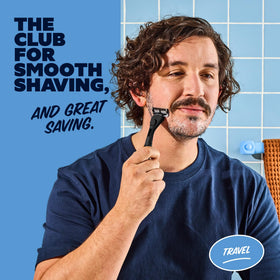 Razor cover keeps blades clean and protected during travel.