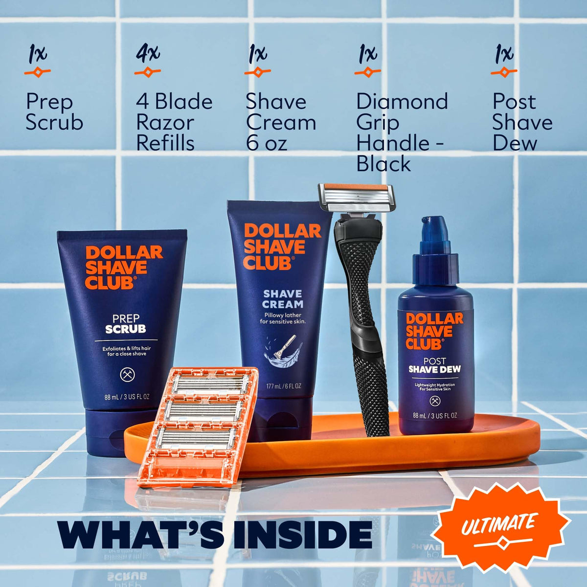 Dollar Shave Club handle with a 360-degree diamond grip for confident control.