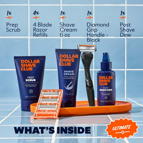 Dollar Shave Club handle with a 360-degree diamond grip for confident control.