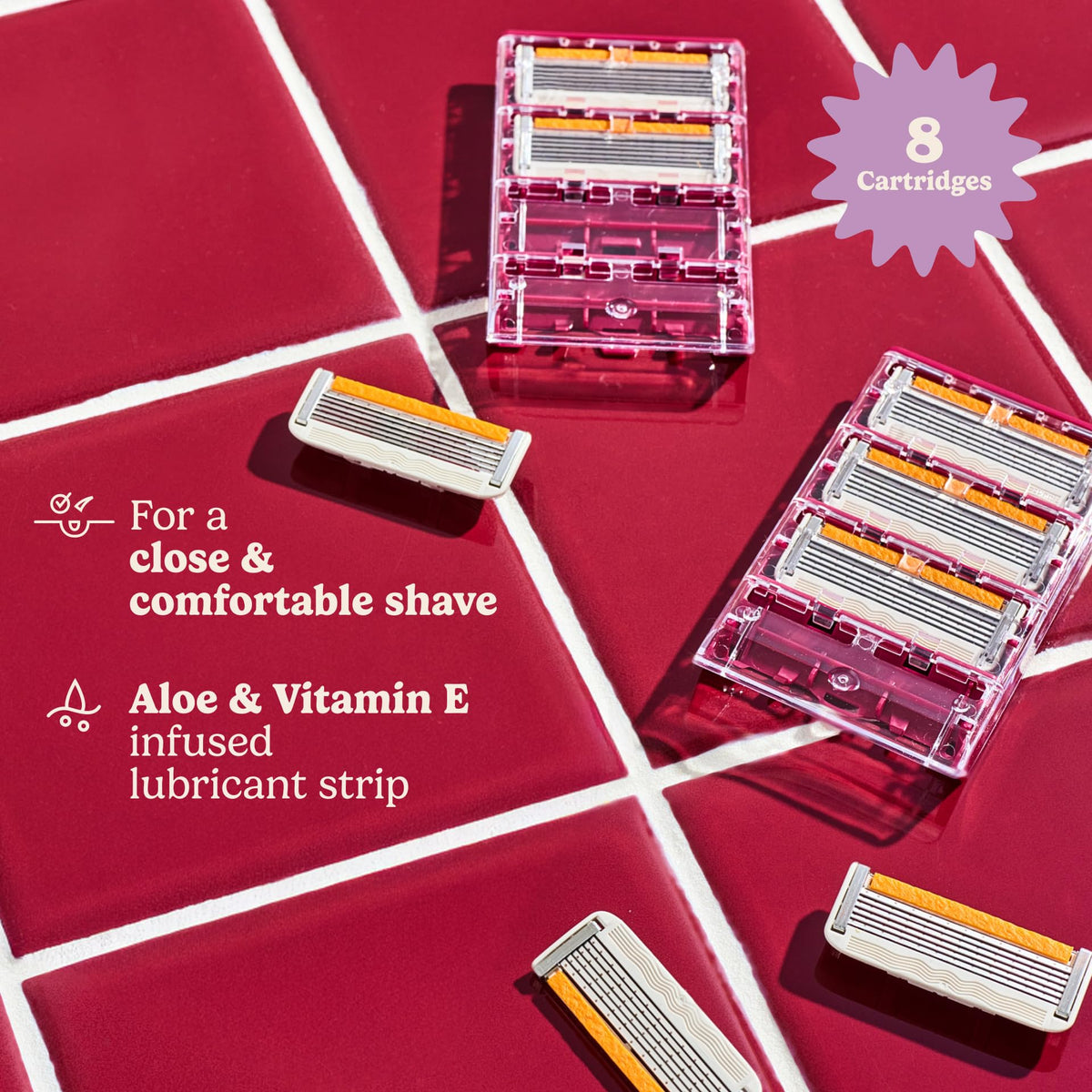 Dollar Shave Club Women 6-blade razor close-up shows contour blades for curves.