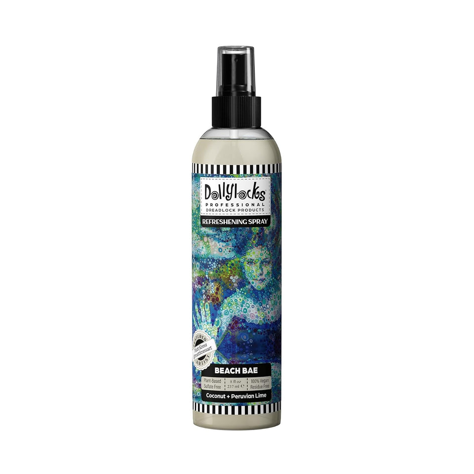 Dollylocks Refreshening Spray bottle shown for all textures, delivering a light refresh between washes.
