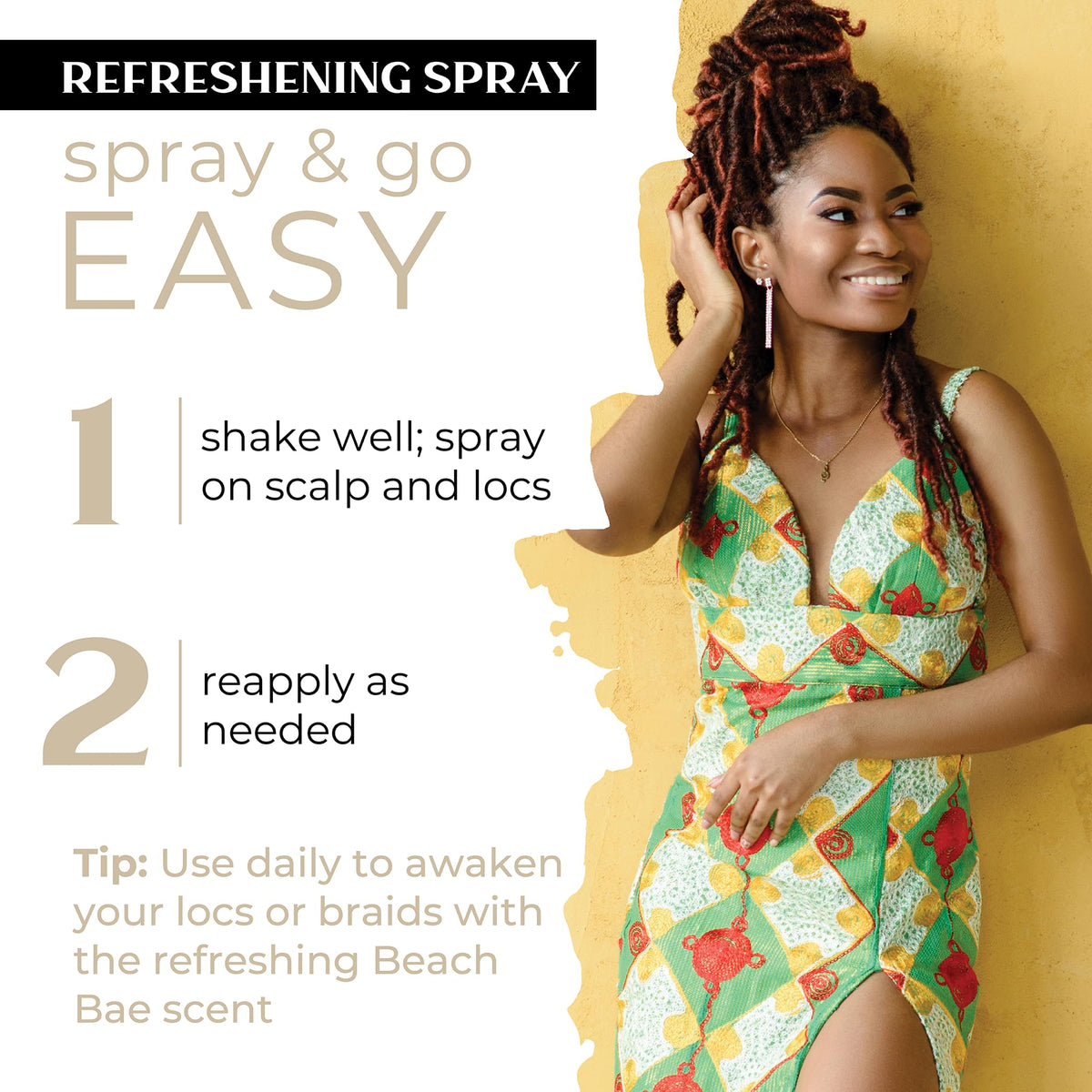 Dollylocks Refreshening Spray scalp care shown, providing cooling mist for scalp comfort.