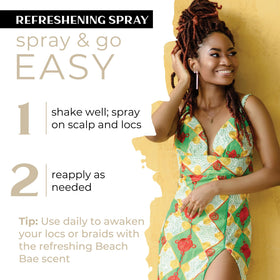 Dollylocks Refreshening Spray scalp care shown, providing cooling mist for scalp comfort.