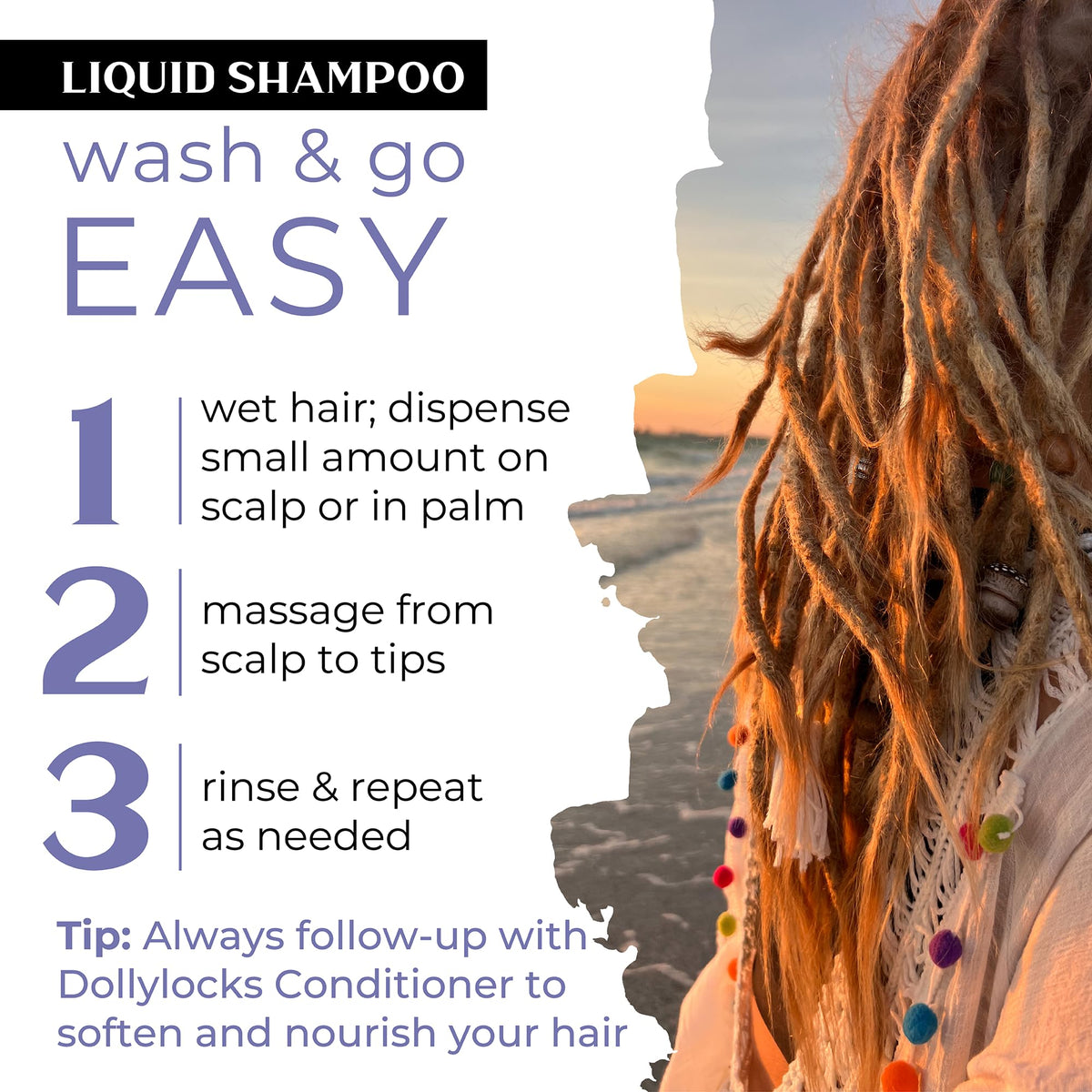 Dollylocks Residue-free clarification scene demonstrates light, non-sticky locs.