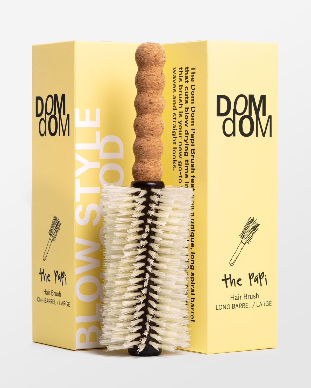 Dom Dom Big Papi long barrel brush captures more hair to speed drying.