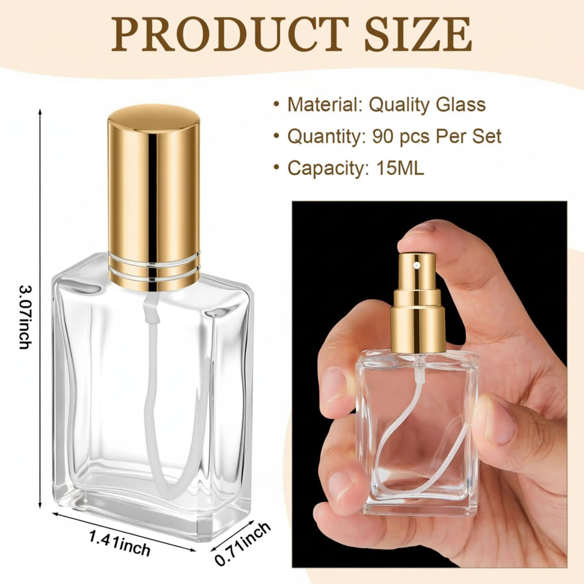 Domensi 15ml glass perfume bottle with gold cap, top view.
