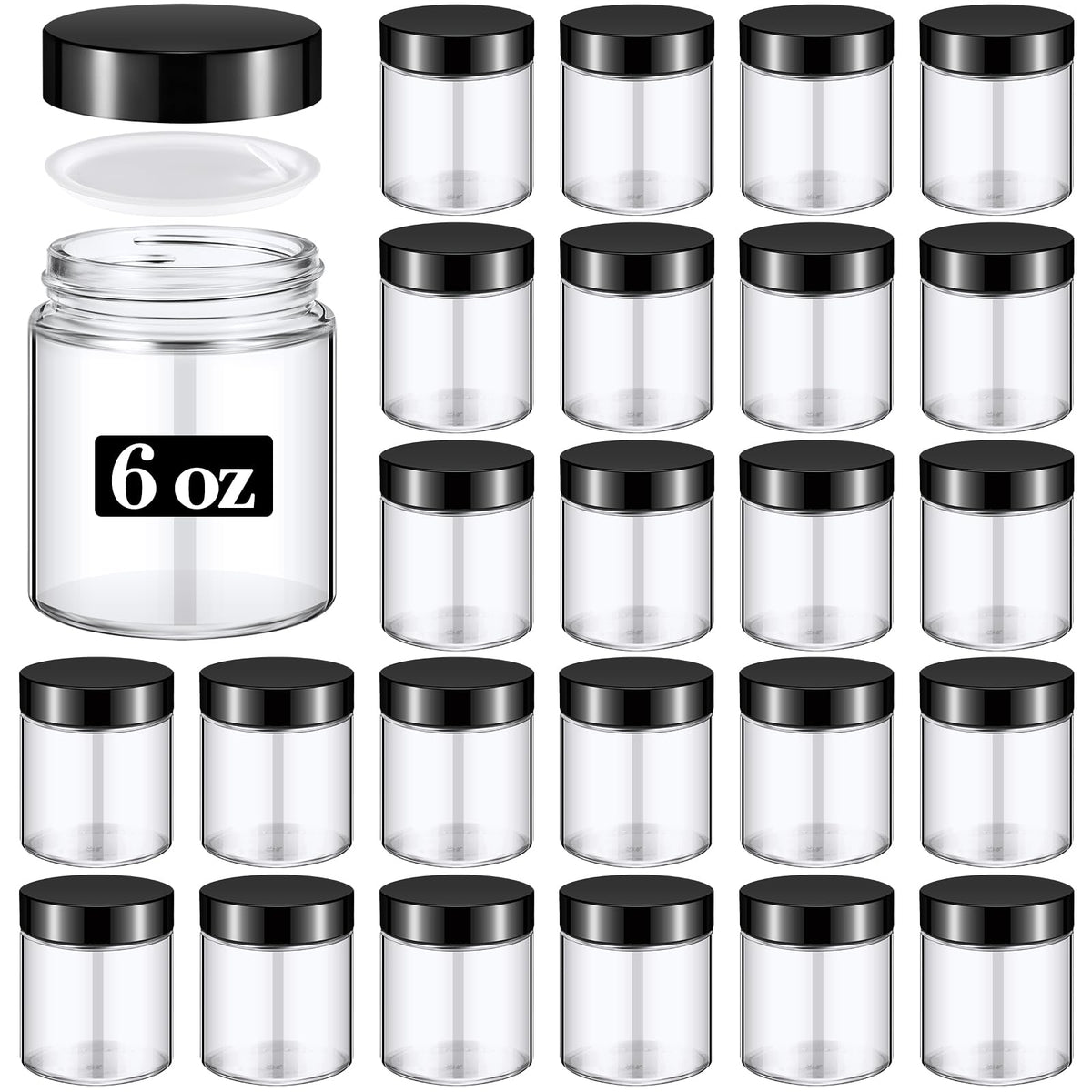 Domensi 24-pack six-ounce glass jars with lids for organized cosmetics and spices.