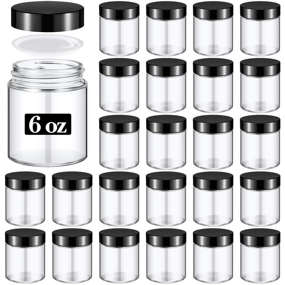 Domensi 24-pack six-ounce glass jars with lids for organized cosmetics and spices.
