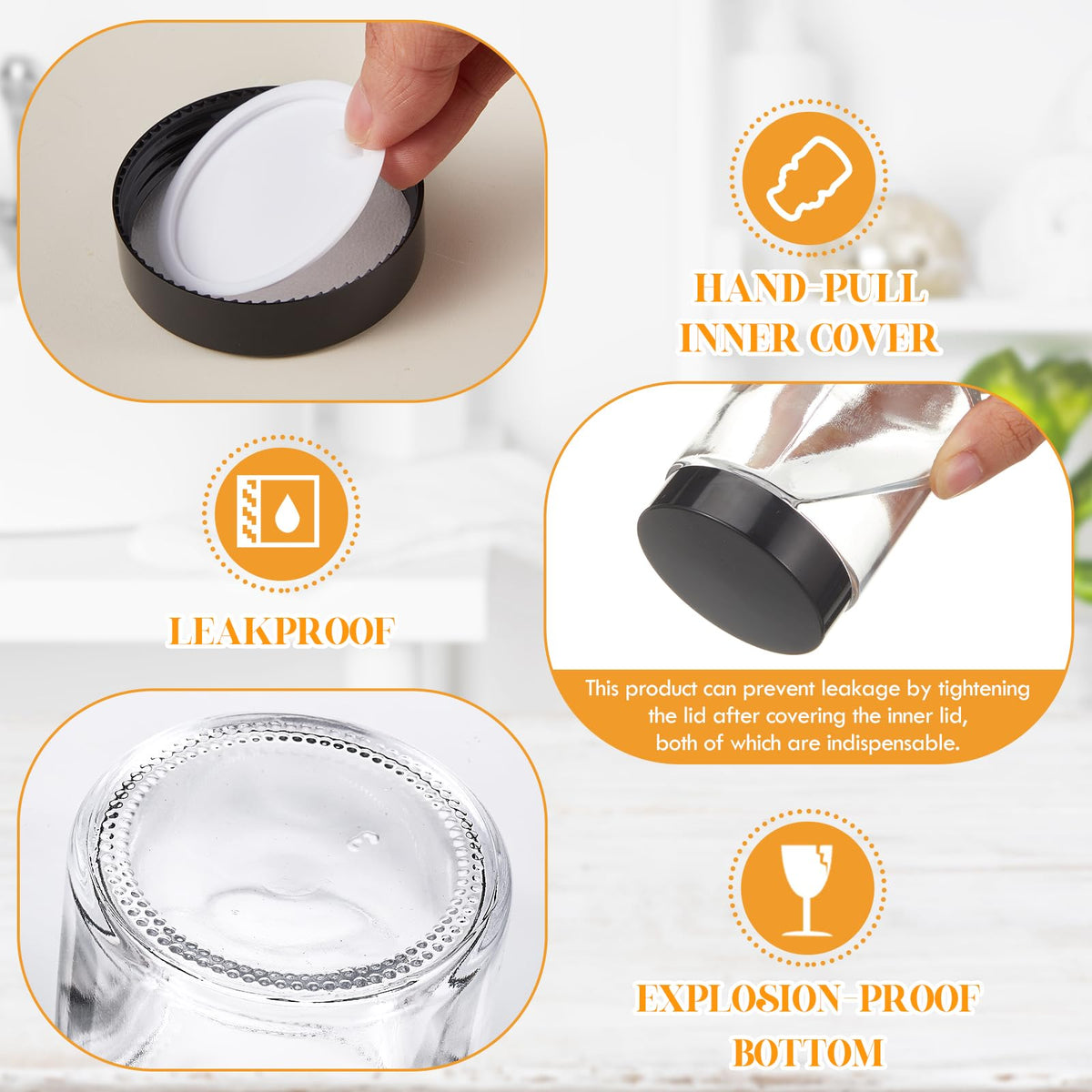 Black lids on white glass jars provide airtight storage for travel.